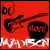 Red square icon with black guitar, drum set, and white text at bottom; pixelated style.