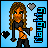Pixel art of a female character with long brown hair, green eyes, and black clothing against light blue background; two heart symbols change color between frames.