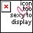 Static pixel art icon with a red X symbol inside a gray frame on the left, and black text reading "icon too sexy to display" with a pink heart-shaped blur effect over part of the text on the right.