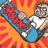 Pixelated cartoon character in white shirt and green shorts holds blue skateboard with red text against orange-red sunburst background.
