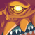Pixelated static image of a character with glowing eyes and orange hair against a purple background, wearing blue armor-like shoulder pads.