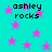 Cyan background with pink stars and repeated black text 'ashley rocks' in pixelated font.