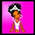 Pixelated 2D icon of a stylized female character with orange skin, black hair, and white headband against bright pink background.