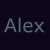 Dark background with repeated 'Alex' text and vertical purple-white pixel streams; bottom-right corner shows a solid gray rectangle.