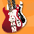 Pixelated red electric guitar with white accents on orange background, surrounded by repeated 'guitar' and 'players' text in black-and-white pixel art style.