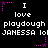 Black background with white text repeating 'I love playdough JANESSA lol' and pink star-shaped pixel decorations.