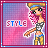 Pixel art contact sheet showing two frames of an animated AIM buddy icon featuring a cartoon woman with pink hair and sunglasses against a gradient background, with the word "STYLE" in block letters.