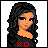 Pixel art contact sheet showing two frames of an animated buddy icon: a woman with long dark hair and red "xO" text on her shirt, next to a stage background with red "I luv u" text.