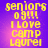 Yellow pixelated text on purple background reads 'seniors 09!!! I LOVE CAMP LAUREL' in four identical with subtle color shifts