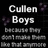 Pixelated text reads 'Cullen Boys' with additional obscured lines below, set against a black background with purple floral accents.