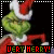Green character in red Santa outfit with white trim, holding a mistletoe branch under black background.