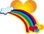 A cartoon-style icon with a rainbow, cloud, and heart-shaped elements on a gray background.