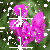 A pixelated pink flower with green leaves and white sparkles on a dark green background, animated to shift position across frames.