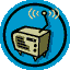 Two circular blue icons with black borders show a beige radio-like device; left icon has antenna emitting yellow signal waves, right icon shows damaged antenna and broken signal lines.