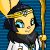 Animated contact sheet of a cartoon character with yellow eyes, black hair, and rabbit ears holding a golden staff against a blue striped background.