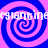 Four blue and pink spiral patterns arranged in a with repeating text overlay across the image