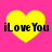 Four identical yellow heart shapes on a bright pink background, each overlaid with black text reading "iLoveYou" in a pixelated font.