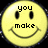 Three yellow smiley face icons with black pixelated text and eyes, arranged in a on a black background with a gray rectangle in the bottom right