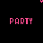 pink 'PARTY' text icons with varying decorative elements on a black background, each icon featuring distinct pixel art embellishments like hearts and dots
