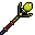 Two pixelated staffs with yellow spherical tops, brown and red shafts, and purple bases, positioned side-by-side against a gray background.