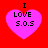 Four identical pink hearts on red background with black text "I LOVE S.O.S" above each heart, displayed in a