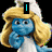 Blue Smurf character with long blonde hair and white dress, shown in multiple views including thought pose and text overlays.