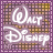 Walt Disney logo in white script on purple and gold gradient background with subtle pixelated texture.