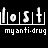 Static black-and-white pixel art icon featuring the word 'lost' in a segmented display above 'my anti-drug' text, with vertical bars framing each letter of 'lost'.
