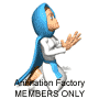 Animated character in blue hooded cloak and white outfit claps hands in sequence, with text below reading "Animation Factory MEMBERS ONLY".