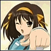 animated character frames showing a brown-haired figure with yellow hair ties in a blue top, transitioning through various pointing gestures and expressions