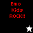 Pixelated red text "Emo Kids ROCK!!" appears on black, white, and gray backgrounds with a white or black star icon below the text.