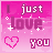 Pixelated pink and purple animation with 'I just love you' text, heart symbols, and sparkles across four of