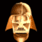 Animated sequence of a metallic helmet with visible facial grille and breathing apparatus, rotating through multiple angles against black background.
