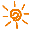 A contact sheet of five orange animated sun icons on a gray background, showing sequential frames with varying line and spiral details.