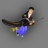 Animated sequence of a figure on a broomstick with changing pose and flame effects, wearing dark robe and blue pants against gray background.
