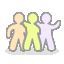 Three stick figures in peach, lime green, and lavender stand on a light gray base; the rightmost figure's arm position changes between frames.