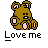 Pixel art icon of a brown teddy bear with pink inner ears and paws, next to text reading 'Love me' in white pixel font and 'Instant Icons .com' in red-and-white pixel font on gray background.