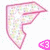 Pink outlined F-shaped icon with pixelated fill, small pink diamond symbol in center, and gray background section.