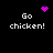 Black background with white pixelated text 'Go chicken!' and three distinct purple pixelated symbols above and between the text.