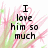Pixelated text reads "I love him so much" over a soft pink and green floral background with radiating lines.