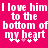 Pink background with white pixelated text reading "I love him to the bottom of my heart" and small plus signs below each line.