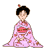 A pixelated figure in a pink floral kimono performs sequential bowing motions against a gray background with Japanese text.