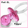 Pink pacifier icon with 'Pimpin!' text, two versions showing color variations in text and background elements.