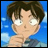 A 48x48 pixel buddy icon split into two sections: a left-side anime character portrait with blue background and right-side text on black background.