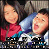 A sequence of animated frames showing children in a car seat transitioning to an adult couple kissing, with overlaid text reading "KIDS IN THE BACKSEAT DON'T CAUSE ACCIDENTS" and "ACCIDENTS IN THE BACKSEAT CAUSE KIDS".
