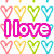 Pixelated icon with colorful heart outlines, pink 'I love' text, light blue 'under the stars' text, and a purple star figure.