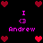 Pixel art icon with black background, pink text "I <3 Andrew" repeated in four corners and red heart symbols arranged around the perimeter.