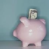 Pink piggy bank with a stack of US dollar bills inserted into its slot against a teal background.