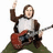 Pixelated image of a person playing a red electric guitar, wearing a brown jacket over a white shirt and green pants, with one arm raised.