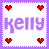 Two side-by-side pixelated stamps with 'kelly' text, each bordered by four hearts; left stamp has red hearts and purple text, right stamp has blue hearts and pink text.
